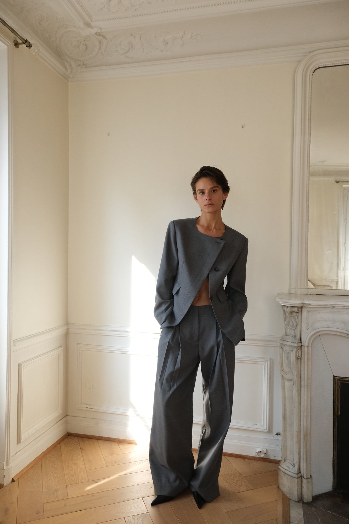 AURORA DÙ MARGO collarless wool jacket in grey